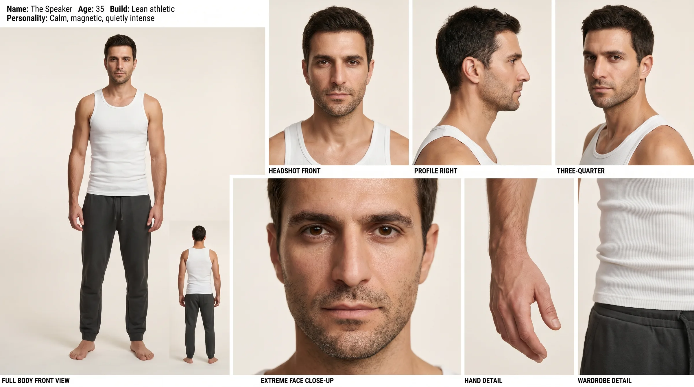 One grounding reference, not five. The character's reference sheet: views, hands, wardrobe, all on one board.