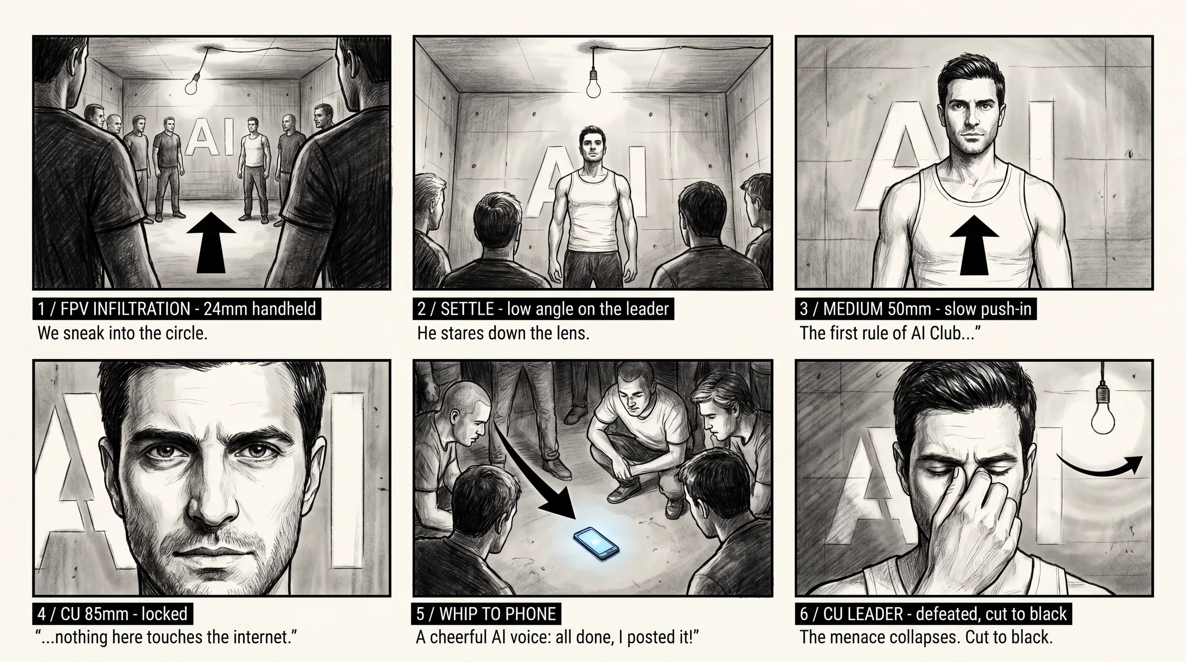 Fix upstream: the simplified storyboard. Two or three visible physical beats per shot, every camera decision made before generation.